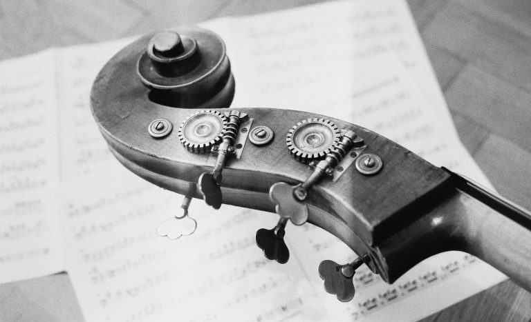 5-Saiten Kontrabass Schnecke mit Noten im hintergrund