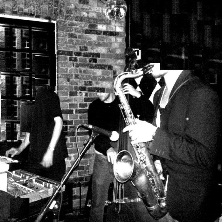 Abstract Photo in black and white with the three musicians without head