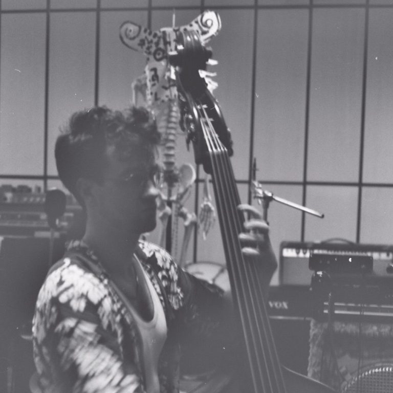 Lukas Growe plays Bass at Zentrifuge Studio Berlin Lukas Growe plays Bass in black and white